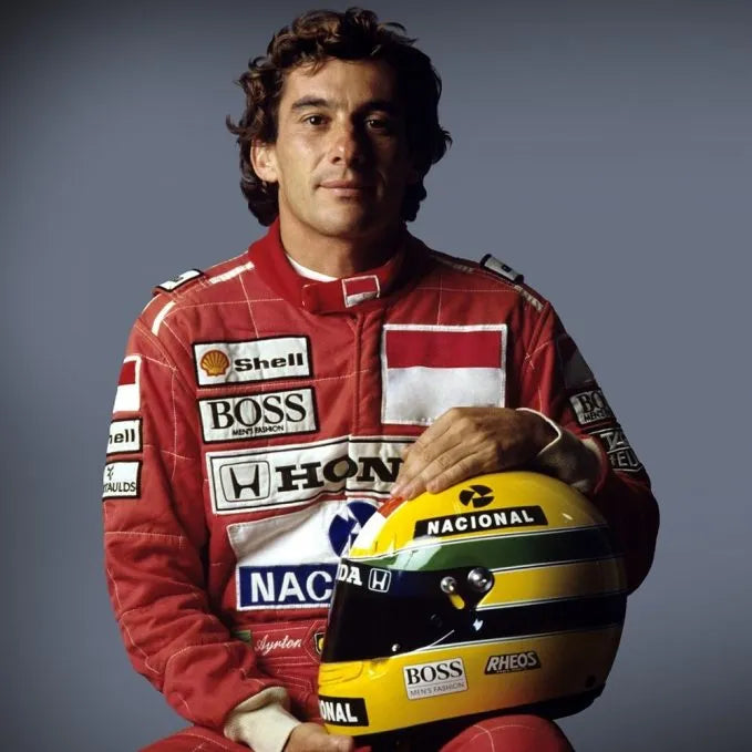 Ayrton Senna wearing a classic red Formula 1 racing suit and holding his helmet during his legendary F1 career