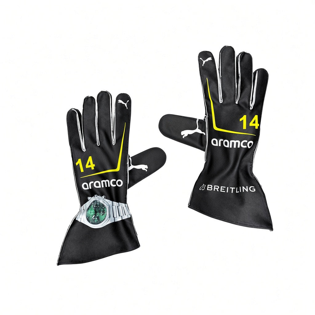 2026 Aston Martin Aramco Formula 1 Racing Gloves featuring yellow and white branding, including 'aramco', '14', and 'Breiting'. One glove is shown with a silver and green Breitling watch attached to the wrist cuff.