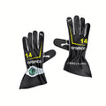 2026 Aston Martin Aramco Formula 1 Racing Gloves featuring yellow and white branding, including 'aramco', '14', and 'Breiting'. One glove is shown with a silver and green Breitling watch attached to the wrist cuff.