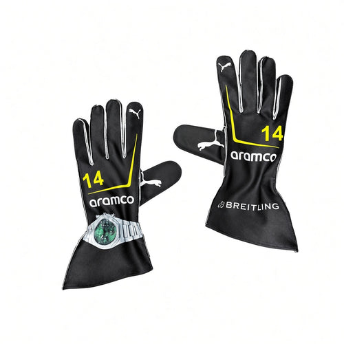 2026 Aston Martin Aramco Formula 1 Racing Gloves featuring yellow and white branding, including 'aramco', '14', and 'Breiting'. One glove is shown with a silver and green Breitling watch attached to the wrist cuff.