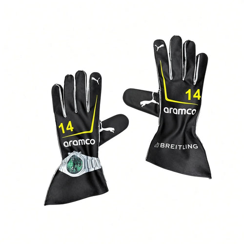 2026 Aston Martin Aramco Formula 1 Racing Gloves featuring yellow and white branding, including 'aramco', '14', and 'Breiting'. One glove is shown with a silver and green Breitling watch attached to the wrist cuff.