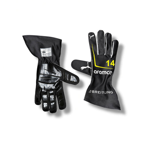 2026 Aston Martin Aramco Formula 1 Racing Gloves on a white background, one showing the back of the hand with a Puma logo and the other showing the palm with '14', 'aromco', and 'BREITLING' branding.