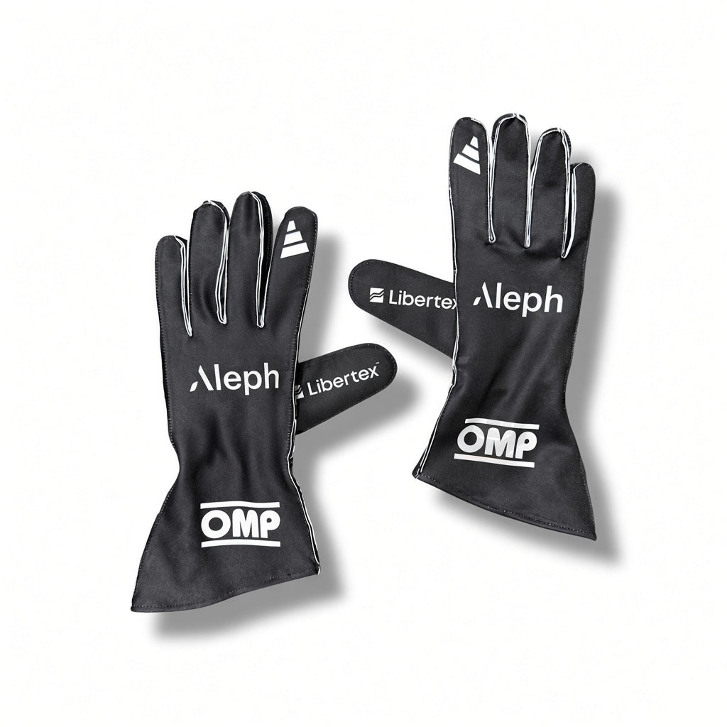 2026 Audi F1 Racing Gloves with white branding and trim, including OMP, Aleph, and Libertex, displayed on a clean white background.