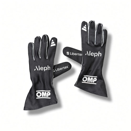 2026 Audi F1 Racing Gloves with white branding and trim, including OMP, Aleph, and Libertex, displayed on a clean white background.