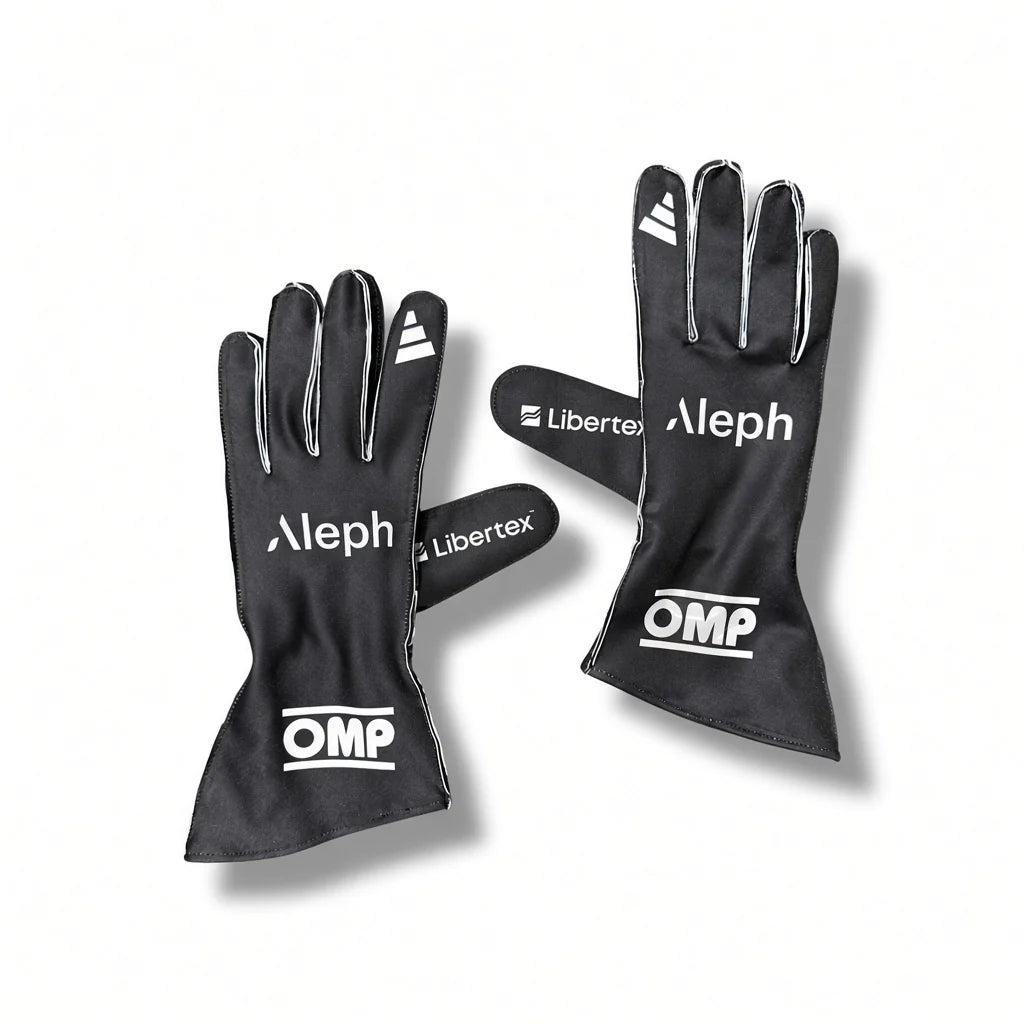 2026 Audi F1 Racing Gloves with white branding and trim, including OMP, Aleph, and Libertex, displayed on a clean white background.