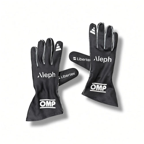 2026 Audi F1 Racing Gloves with white branding and trim, including OMP, Aleph, and Libertex, displayed on a clean white background.