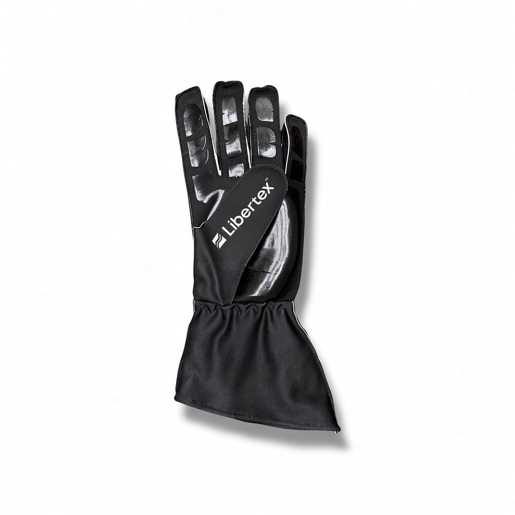 2026 Audi F1 Racing Gloves with a wide elastic cuff, featuring the white 'Libertex' brand name printed on the back of the hand, shown against a plain white background.