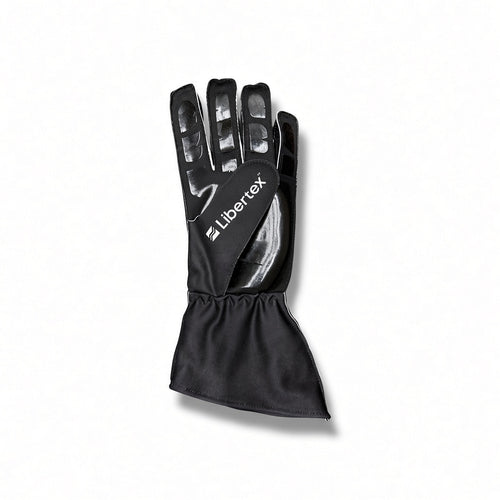 2026 Audi F1 Racing Gloves with a wide elastic cuff, featuring the white 'Libertex' brand name printed on the back of the hand, shown against a plain white background.