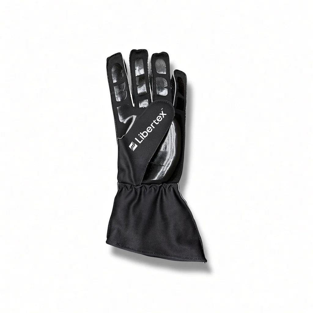 2026 Audi F1 Racing Gloves with a wide elastic cuff, featuring the white 'Libertex' brand name printed on the back of the hand, shown against a plain white background.