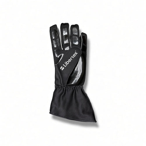 2026 Audi F1 Racing Gloves with a wide elastic cuff, featuring the white 'Libertex' brand name printed on the back of the hand, shown against a plain white background.