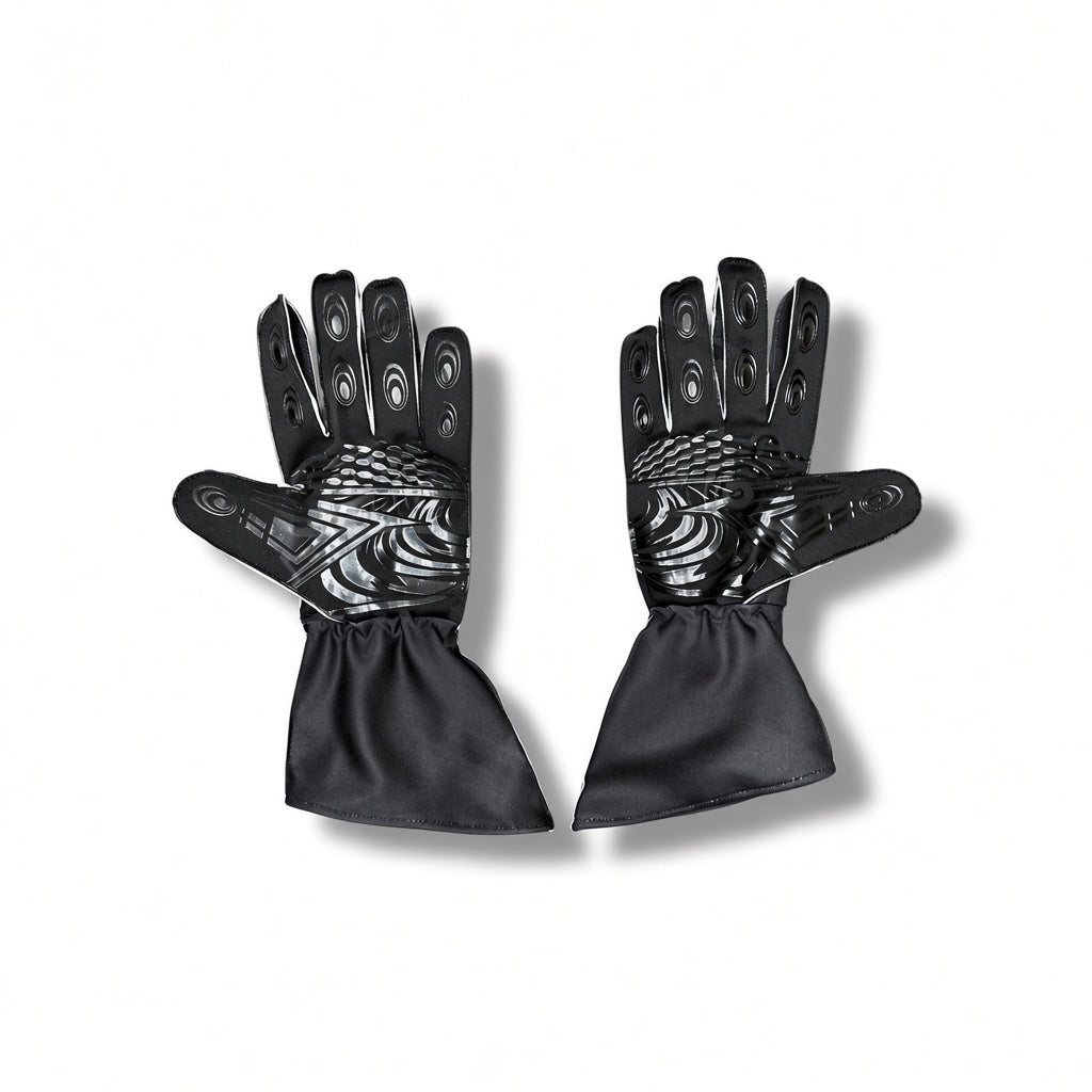 2026 Audi F1 Racing Gloves with textured, metallic silver patterns on the backs and black fabric cuffs, displayed against a clean white background.