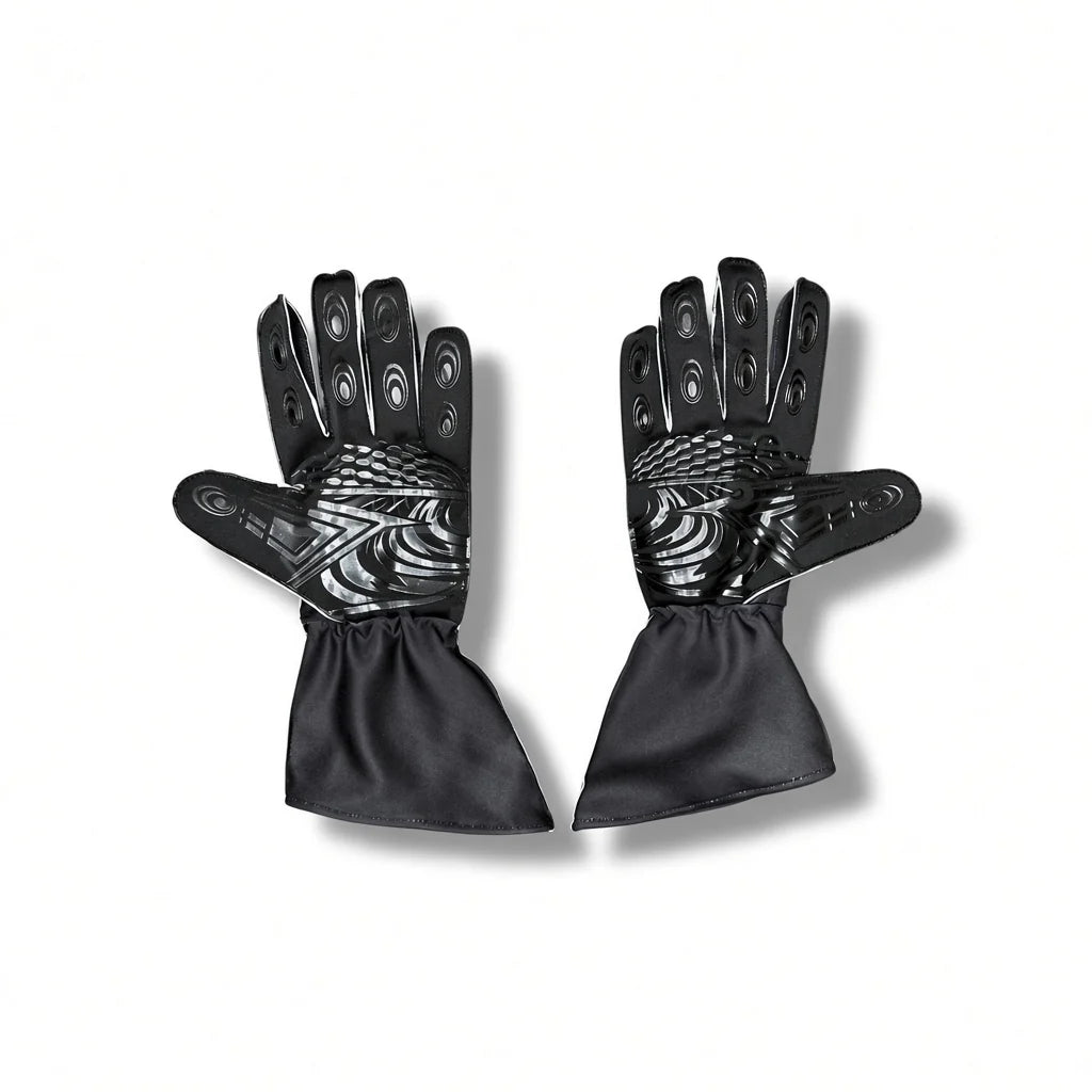 2026 Audi F1 Racing Gloves with textured, metallic silver patterns on the backs and black fabric cuffs, displayed against a clean white background.