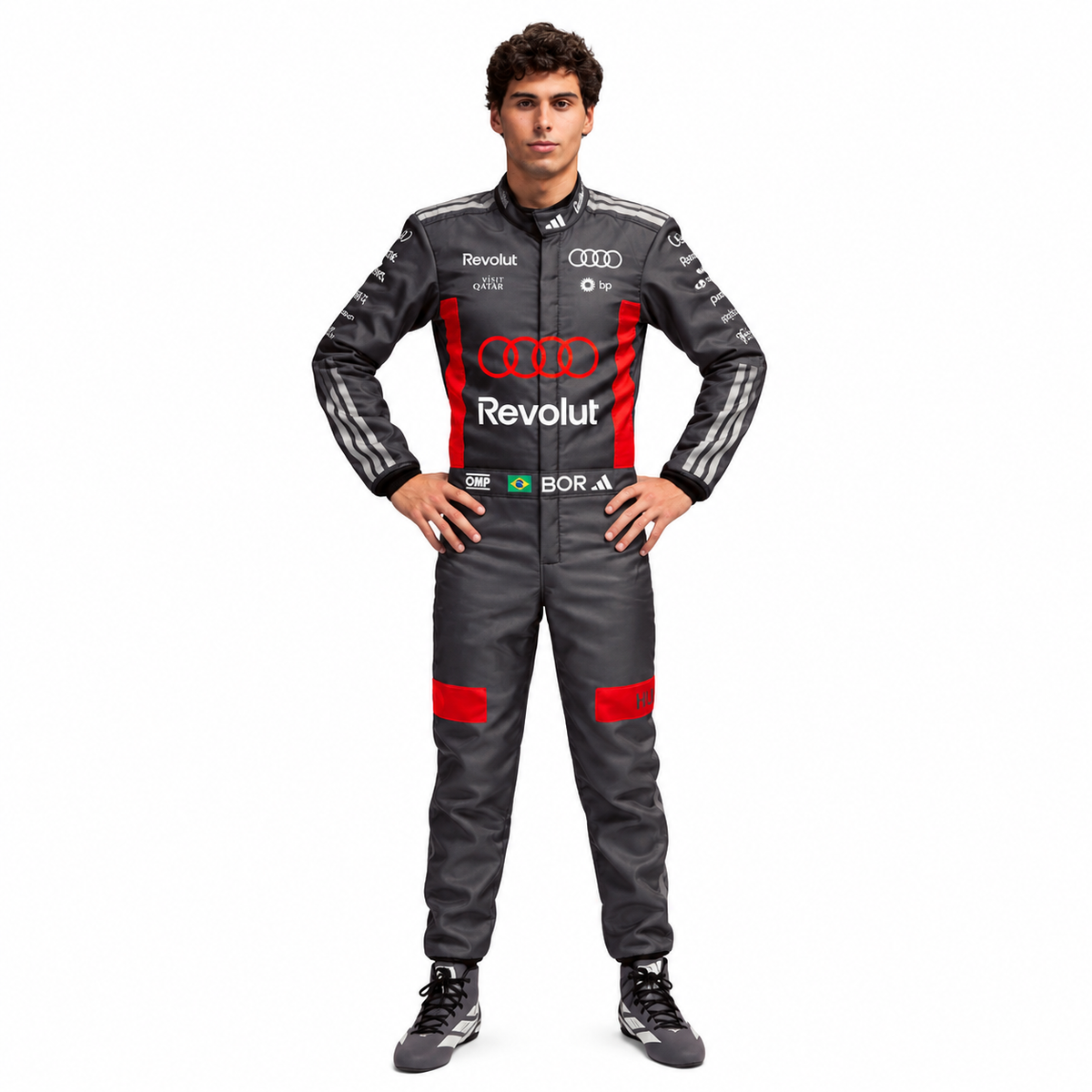 2026 Audi Gabriel Bortoleto F1 Racing Suit – Dark Grey and Red Audi Revolut Formula 1 Replica Race Suit