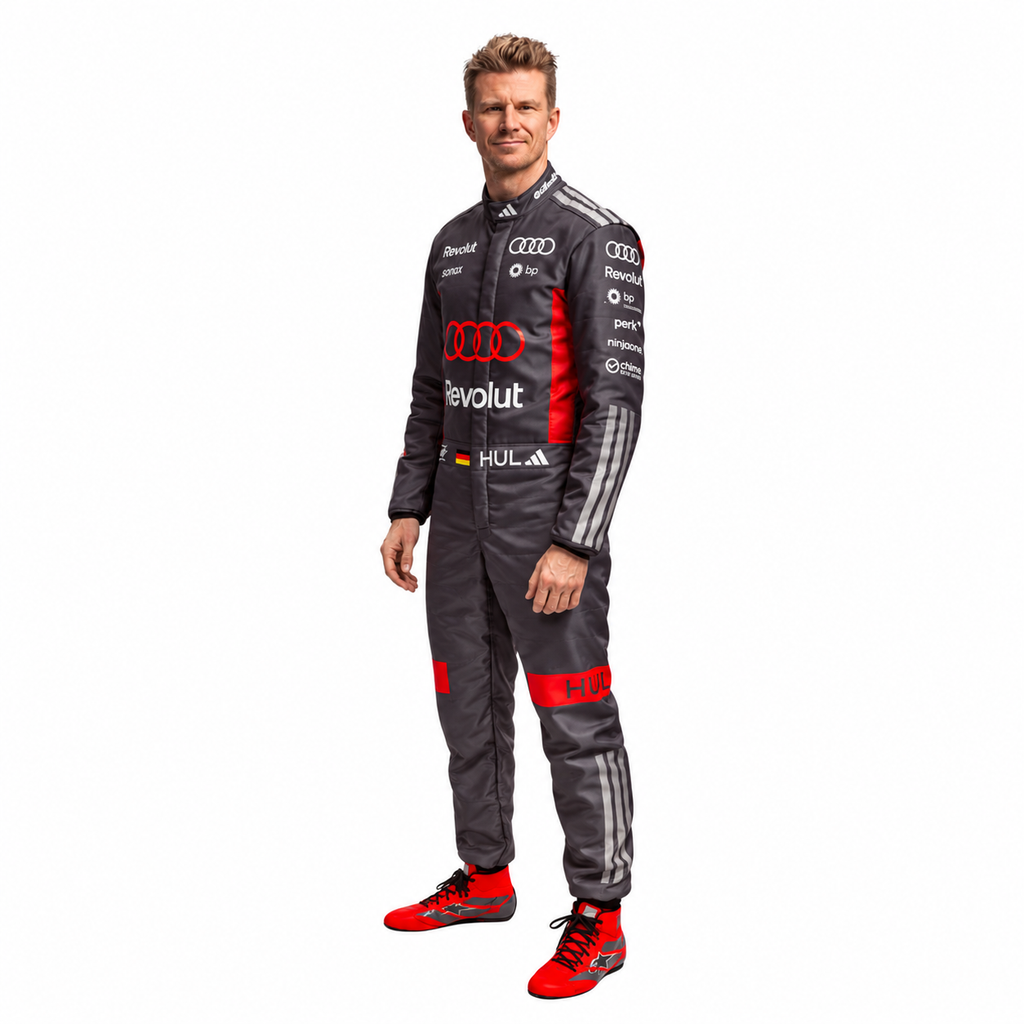 2026 Audi Nico Hulkenberg F1 Racing Suit – Grey and Red Audi Revolut Formula 1 Replica Race Suit