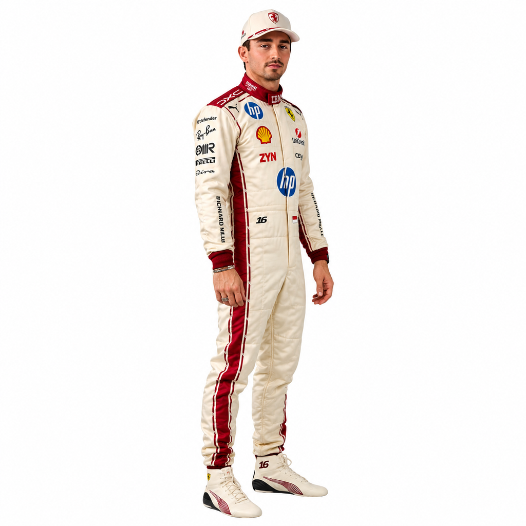 2026 Ferrari Charles Leclerc Monaco GP F1 Racing Suit – White and Red Scuderia Ferrari Formula 1 Replica Race Suit