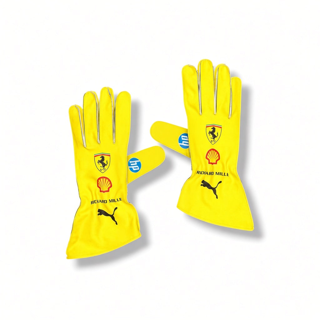 2026 Ferrari Silverstone GP Hamilton F1 Racing Gloves on a white background, featuring the Ferrari shield, Shell logo, and Puma cat logos.