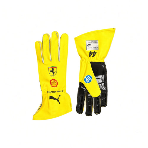 2026 Ferrari Silverstone GP Hamilton F1 Racing Gloves, one showing the back of the hand with the Ferrari and Shell logos, and the other showing the palm with black protective knuckle inserts.