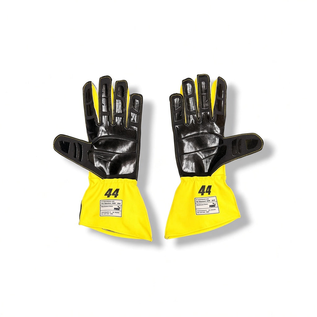 2026 Ferrari Silverstone GP Hamilton F1 Racing Gloves laid flat on a white background, showing the back of the hands and the number 44 on the cuffs.