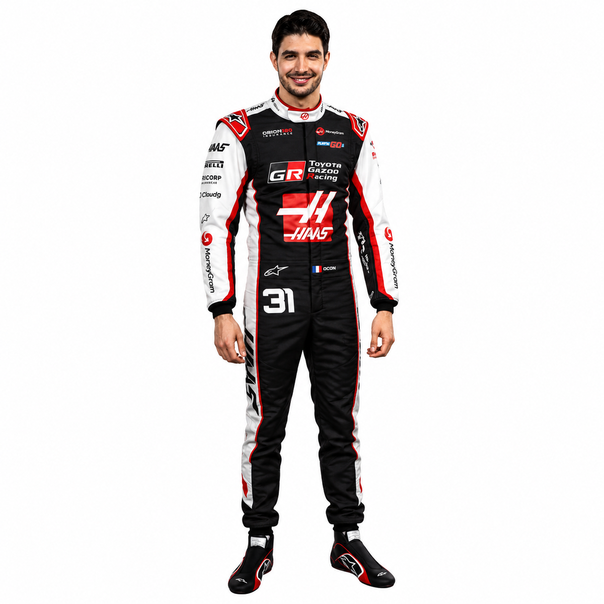 2026 Haas Esteban Ocon F1 Racing Suit – Black White and Red MoneyGram Haas Formula 1 Replica Race Suit