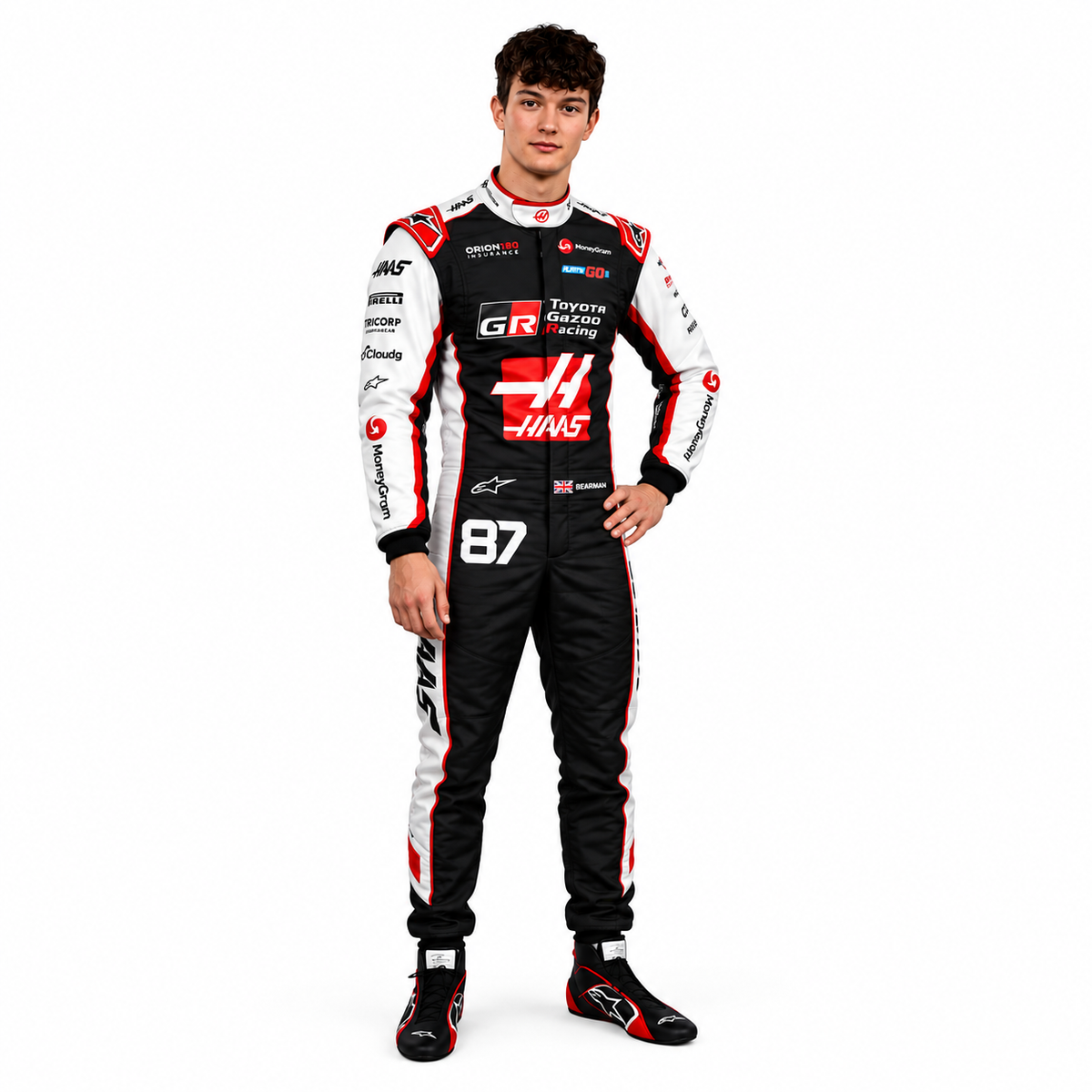 2026 Haas Oliver BearmanF1 Racing Suit – Black White and Red MoneyGram Haas Formula 1 Replica Race Suit