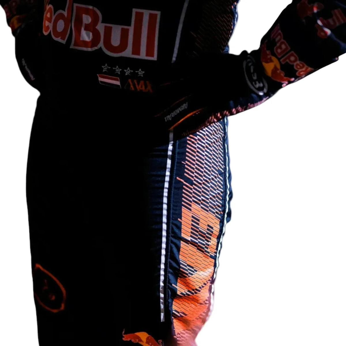 A close-up of a person wearing a black racing suit with Red Bull branding, orange flame graphics, and a striped pattern down the side, against a white background.