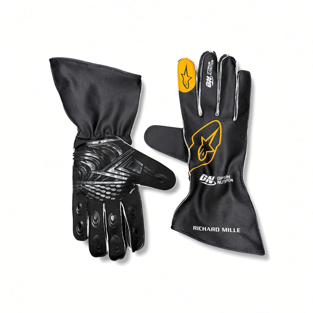2026 McLaren F1 Racing Gloves, showing both the back of the hand with protective grip panels and the palm side with a yellow Alpinestars logo and white Richard Mille branding, on a white background.