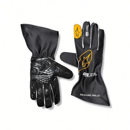 2026 McLaren F1 Racing Gloves, showing both the back of the hand with protective grip panels and the palm side with a yellow Alpinestars logo and white Richard Mille branding, on a white background.