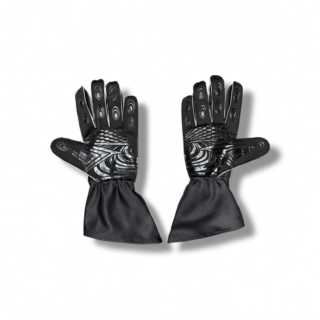 2026 McLaren F1 Racing Gloves with textured, metallic silver patterns on the backs and black fabric cuffs, displayed against a clean white background.