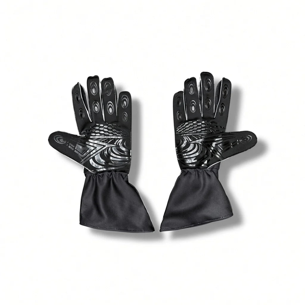 2026 McLaren F1 Racing Gloves with textured, metallic silver patterns on the backs and black fabric cuffs, displayed against a clean white background.