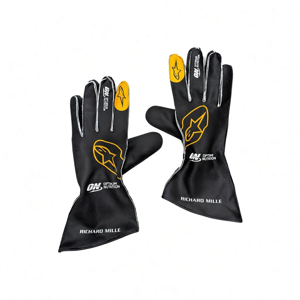 2026 McLaren F1 Racing Gloves with yellow and white branding details, displayed against a solid white background.