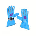 2026 Mercedes AMG Petronas F1 Racing Gloves with purple 'nu' logos, white 'IWC' branding, and silver trim, displayed on a clean white background. One glove features a black and silver wristwatch.