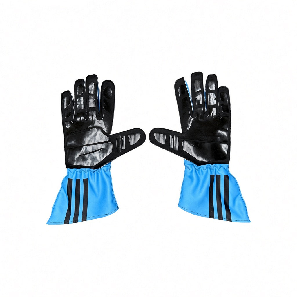 2026 Mercedes AMG Petronas F1 Racing Gloves with black synthetic leather palms and fingers, and light blue cuffs featuring three black stripes, shown against a plain white background.