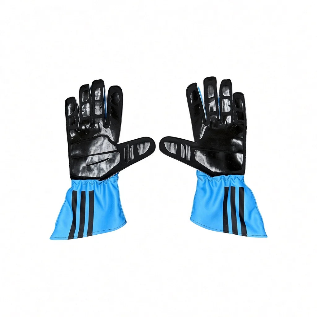 2026 Mercedes AMG Petronas F1 Racing Gloves with black synthetic leather palms and fingers, and light blue cuffs featuring three black stripes, shown against a plain white background.