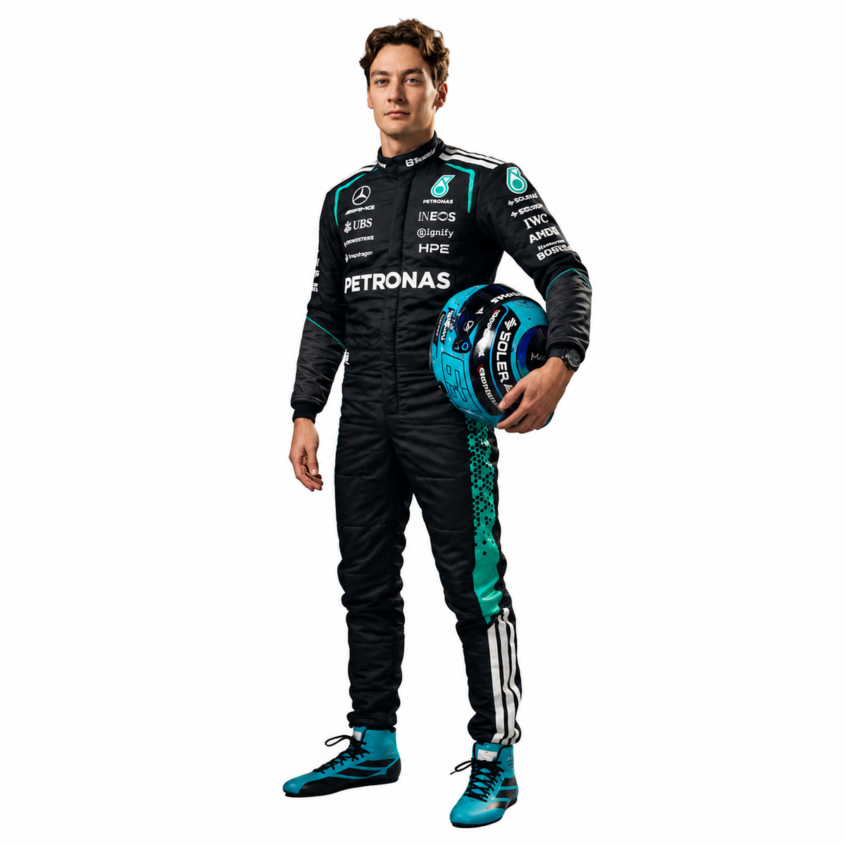 2026 Mercedes George Russell F1 Racing Suit New Edition – Black and Turquoise Formula 1 Replica Race Suit