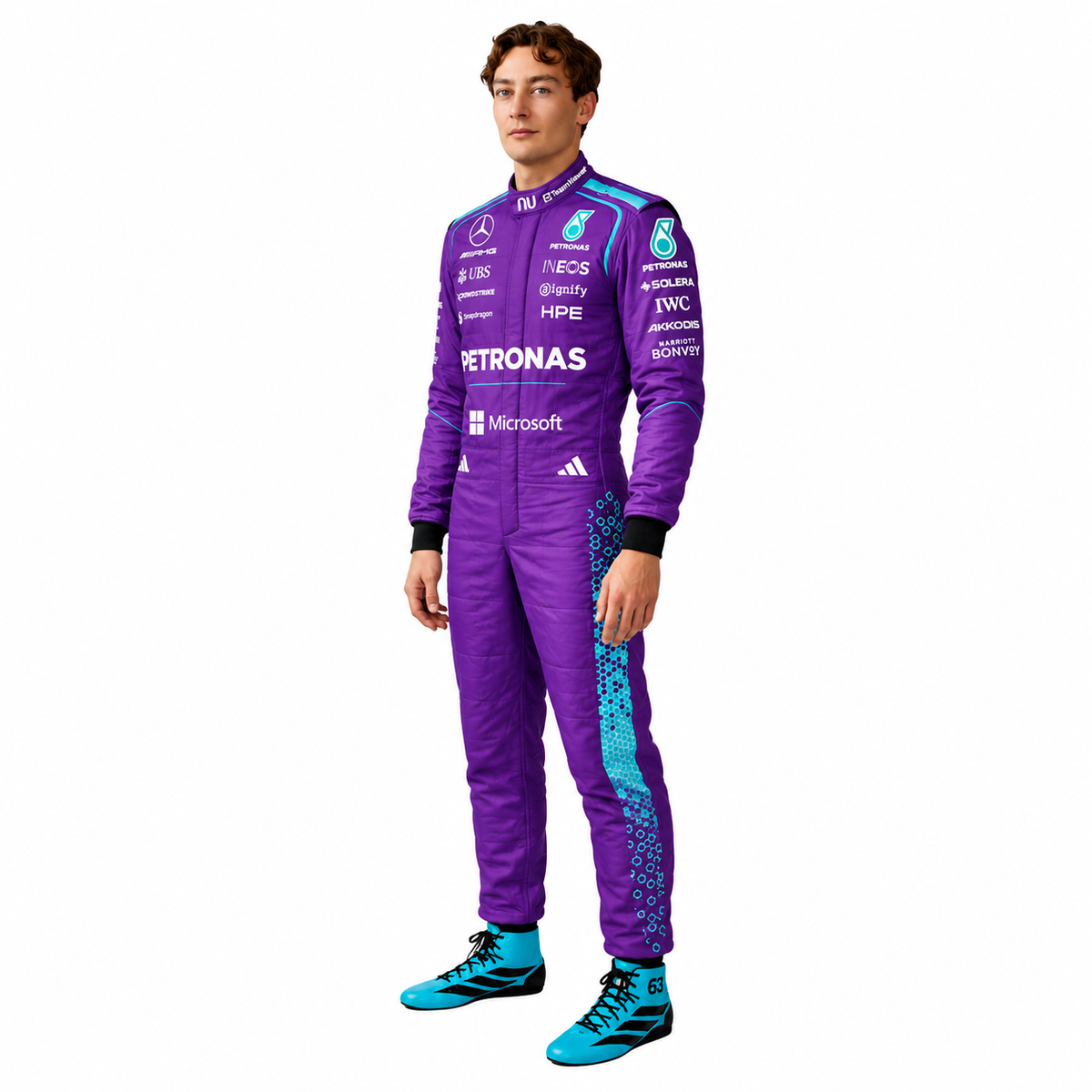 2026 Mercedes George Russell Miami GP F1 Racing Suit – Purple and Turquoise Petronas Formula 1 Replica Race Suit