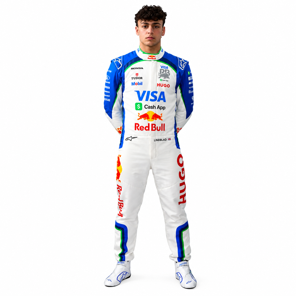 2026 Racing Bulls Arvid Lindblad F1 Racing Suit – White and Blue Visa Cash App RB Formula 1 Replica Suit
