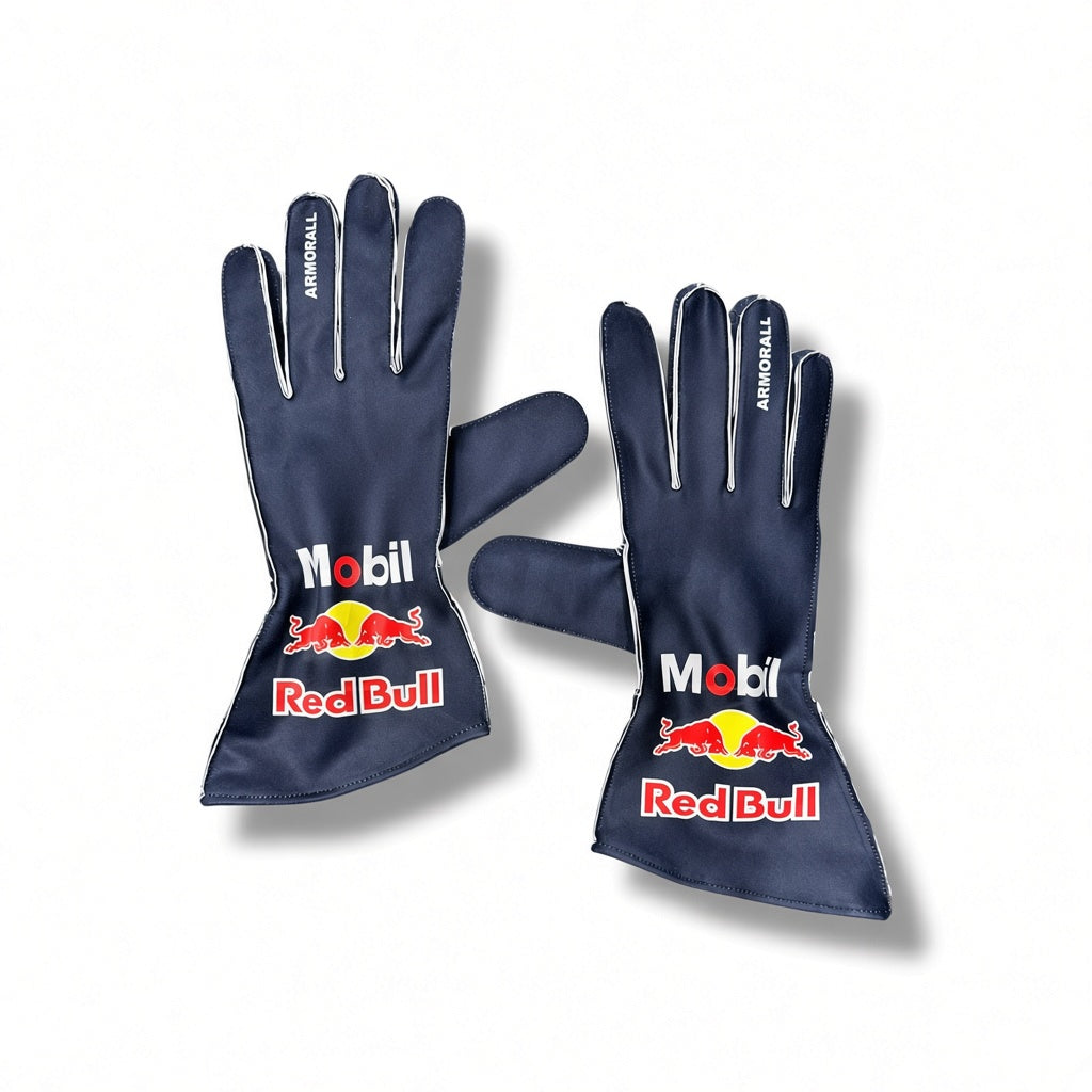 2026 Red Bull Max Verstappen Formula 1 Racing Gloves with white trim and prominent Mobil Red Bull branding on the back of the hands, displayed on a clean white background.