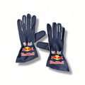 2026 Red Bull Max Verstappen Formula 1 Racing Gloves with white trim and prominent Mobil Red Bull branding on the back of the hands, displayed on a clean white background.