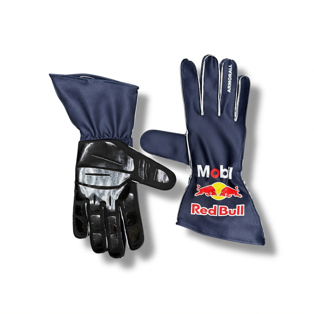 2026 Red Bull Max Verstappen Formula 1 Racing Gloves, with one glove showing the back of the hand and the other showing the palm. The back of the hand features a large Red Bull logo with Mobil branding, and the gloves have silver reflective striping on the fingers.