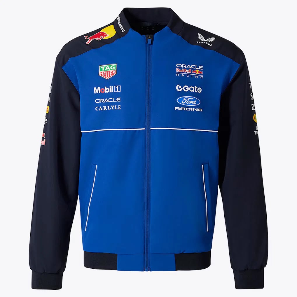2026 Red Bull Racing F1 Teamwear Bomber Jacket featuring Red Bull Racing team branding and sponsor logos, including Castrol and Ford, displayed on a clean white background.