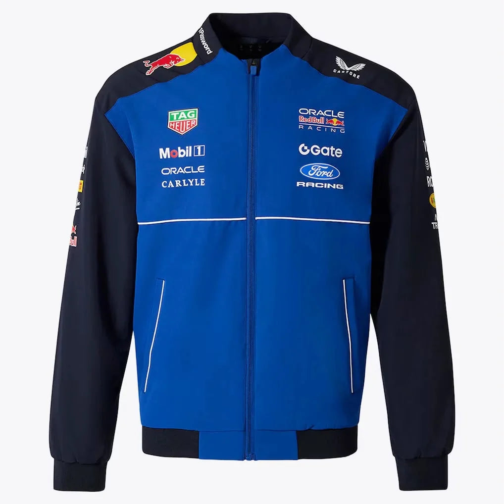 2026 Red Bull Racing F1 Teamwear Bomber Jacket featuring Red Bull Racing team branding and sponsor logos, including Castrol and Ford, displayed on a clean white background.