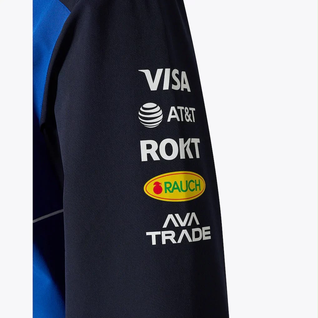 Close-up of a dark navy sleeve with white sponsor logos including VISA, AT&T, ROKT, RAUCH, and AVA TRADE, next to a bright blue section.