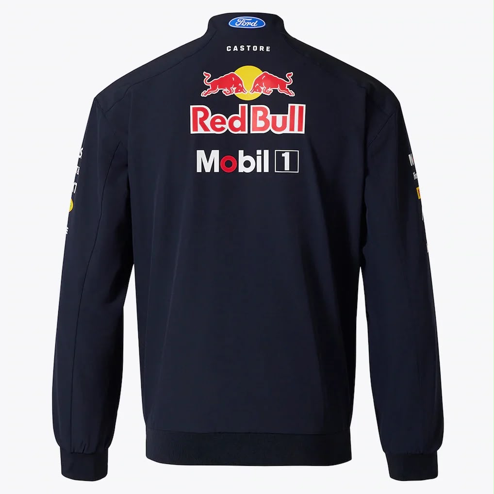 2026 Red Bull Racing F1 Teamwear Bomber Jacket with Red Bull and Mobil 1 logos on a white background