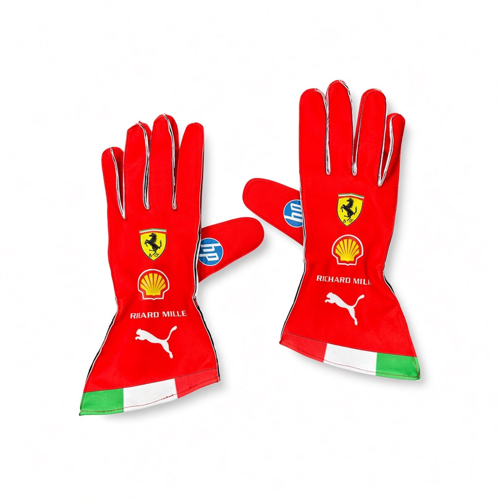 2026 Scuderia Ferrari F1 Gloves with the Scuderia Ferrari logo, Scuderia Ferrari flag cuff, and Shell and Reard Mille sponsor logos, displayed on a clean white background.