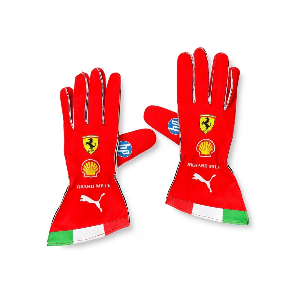 2026 Scuderia Ferrari F1 Gloves with the Scuderia Ferrari logo, Scuderia Ferrari flag cuff, and Shell and Reard Mille sponsor logos, displayed on a clean white background.