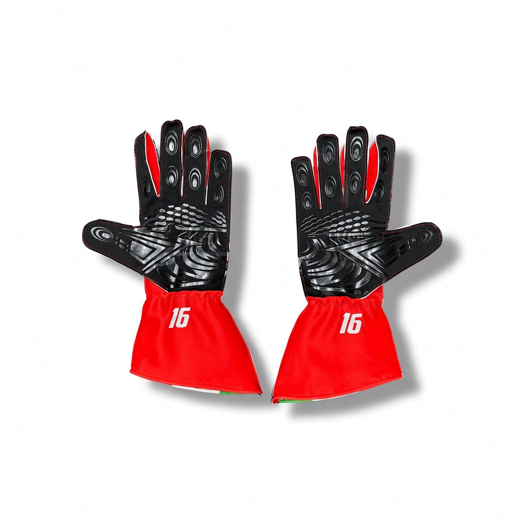2026 Scuderia Ferrari F1 Gloves shown flat against a white background. The gloves feature black textured palms and fingers with red accents, and bright red cuffs with the white number '16' printed on them.