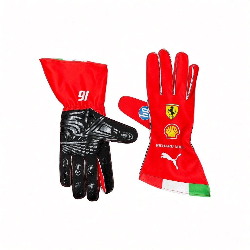2026 Scuderia Ferrari F1 Gloves, one showing the back with black textured grip panels and white '91' branding, and the other showing the palm with white finger protectors and sponsor logos including Ferrari, Shell, Puma, and Richard Mill.