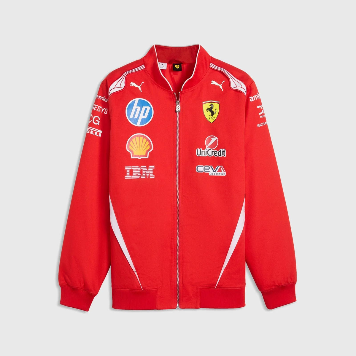 2026 Scuderia Ferrari F1 Team Racing Jacket with various logos on a white background