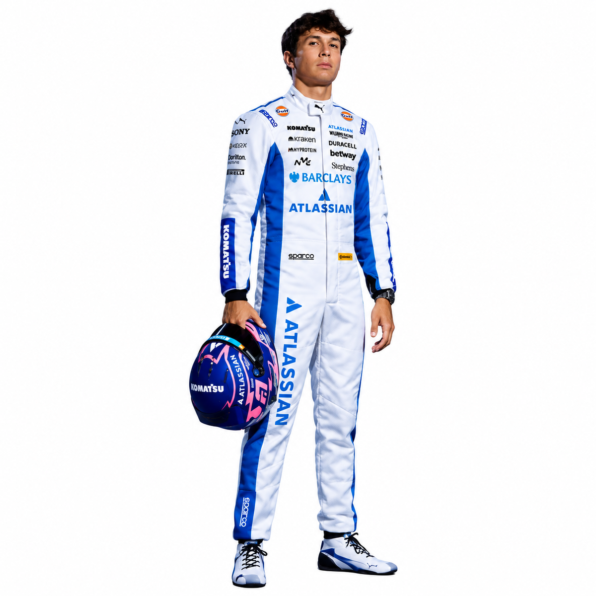 2026 Williams Alexander Albon F1 Racing Suit – White and Blue Atlassian Williams Formula 1 Driver Suit