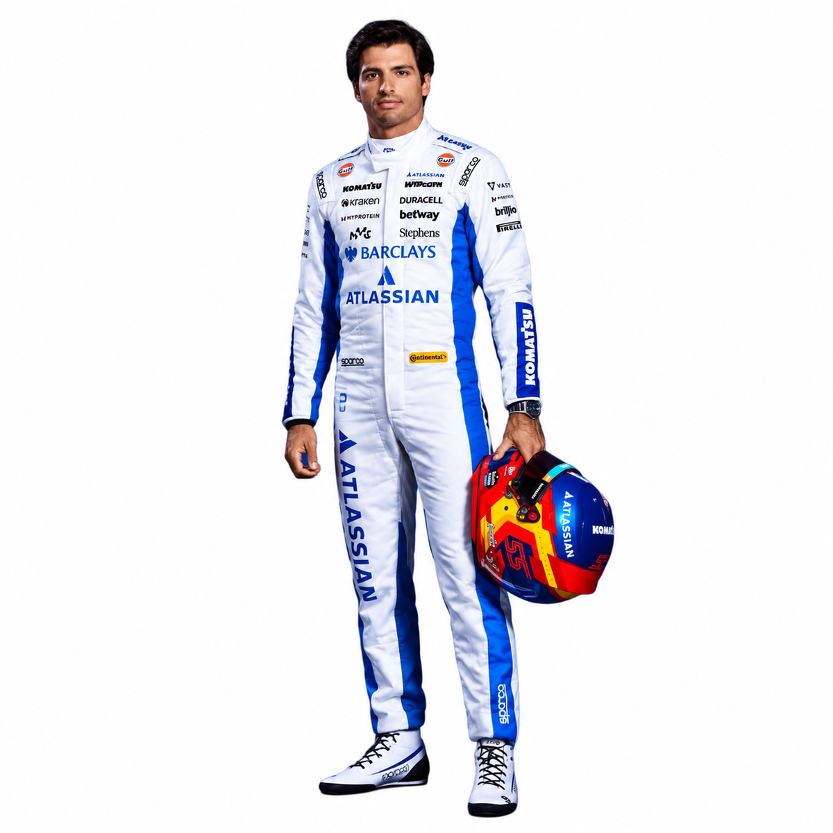 2026 Williams Carlos Sainz F1 Racing Suit – White and Blue Atlassian Formula 1 Replica Race Suit